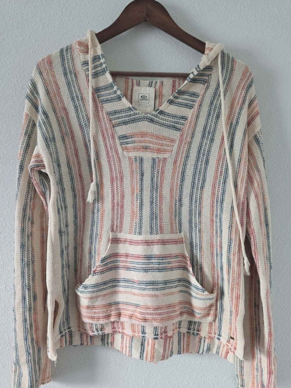 Rip Curl Baja-Style Hoodie in Cream with Blue & Coral Stripes